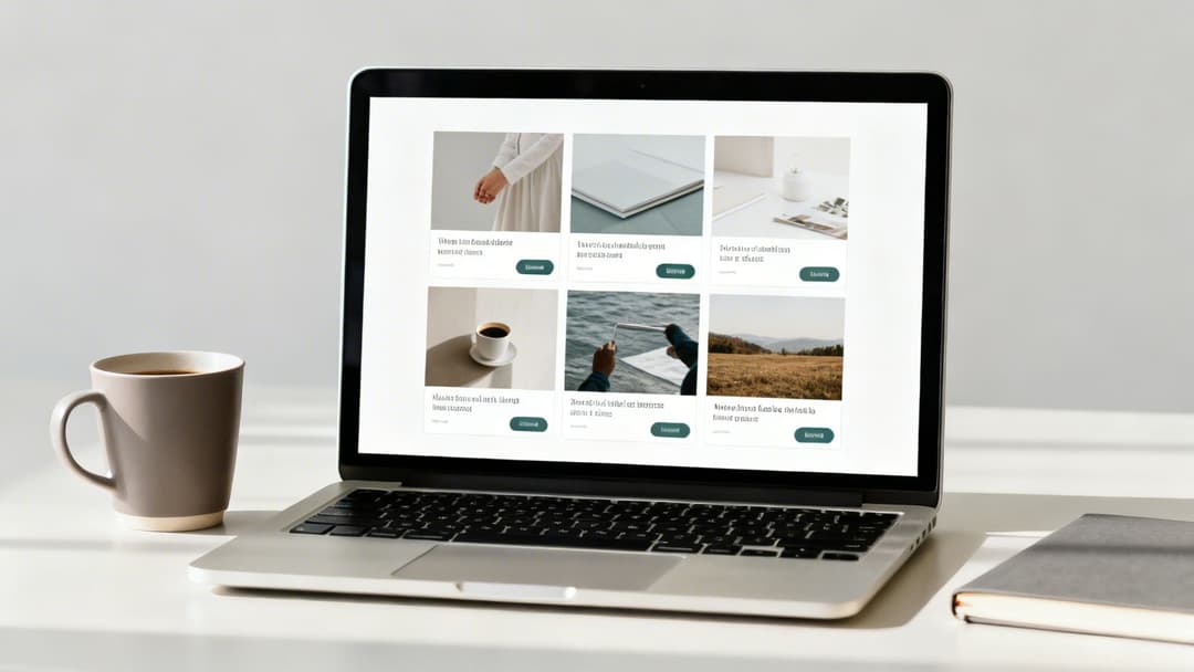 A laptop on a white desk displays a creative portfolio website, with a coffee mug and notebook nearby.