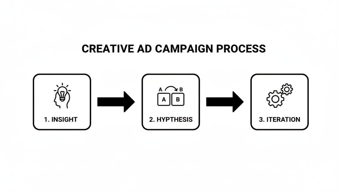 Flowchart illustrating the creative ad campaign process with steps: insight, hypothesis (A/B testing), and iteration.