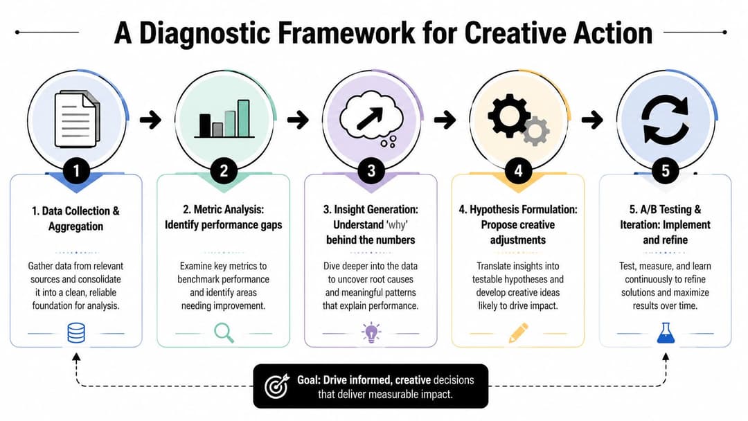 A five-step diagnostic framework for creative action using data collection, analysis, insight, hypothesis, and iteration.
