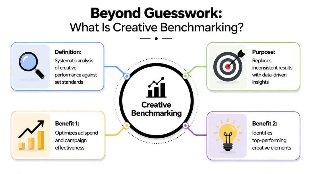 An infographic titled Creative Benchmarking explaining its definition, purpose, and key benefits for marketing campaigns.