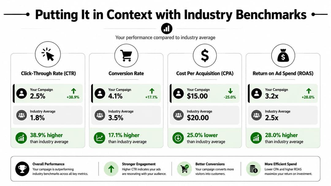 A performance comparison chart showing marketing campaign metrics like CTR, conversion rate, CPA, and ROAS versus industry benchmarks.