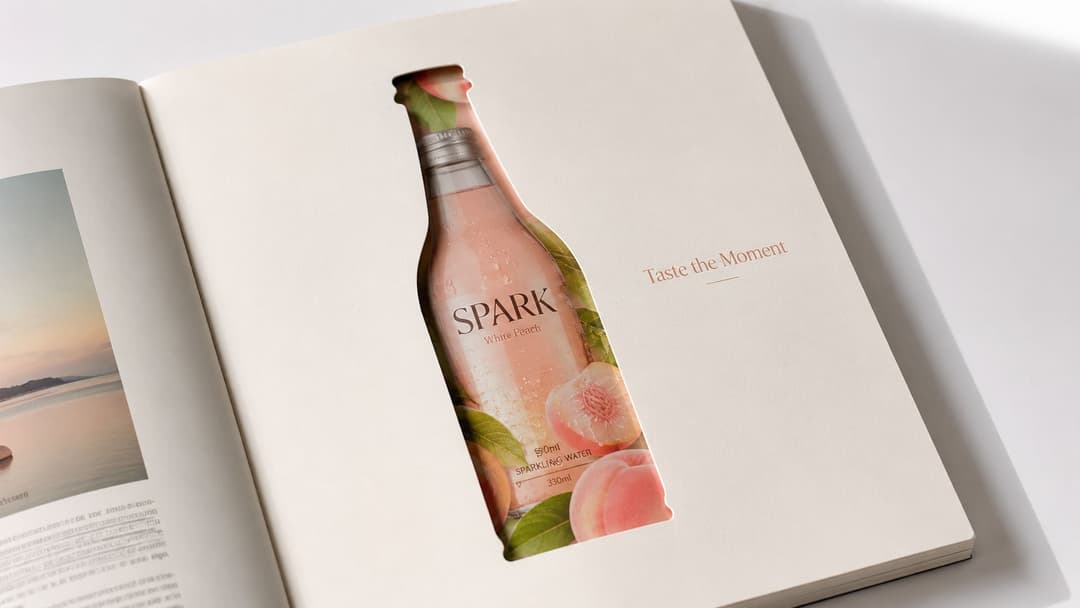 A close up view of a creative magazine print advertisement featuring a cutout bottle of peach sparkling water.