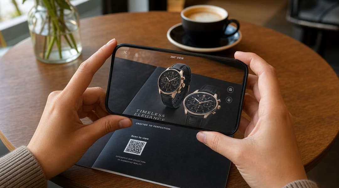 A person holds a smartphone displaying an augmented reality view of luxury watches over a printed brochure.