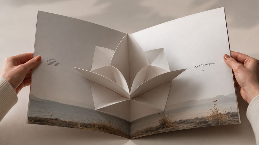 A person holds an open brochure featuring a 3D paper lotus flower pop-up over a printed landscape.