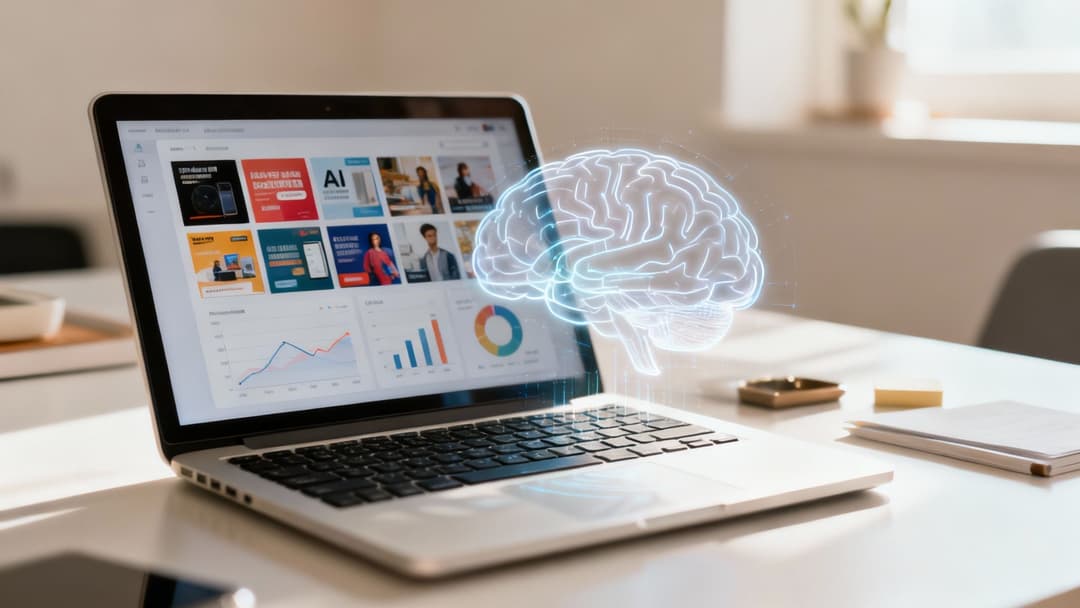 Laptop displaying digital marketing dashboard with AI visuals and a glowing brain hologram, symbolizing creative intelligence.