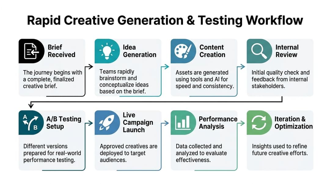 An infographic showing the step-by-step workflow for rapid creative generation and campaign performance testing.