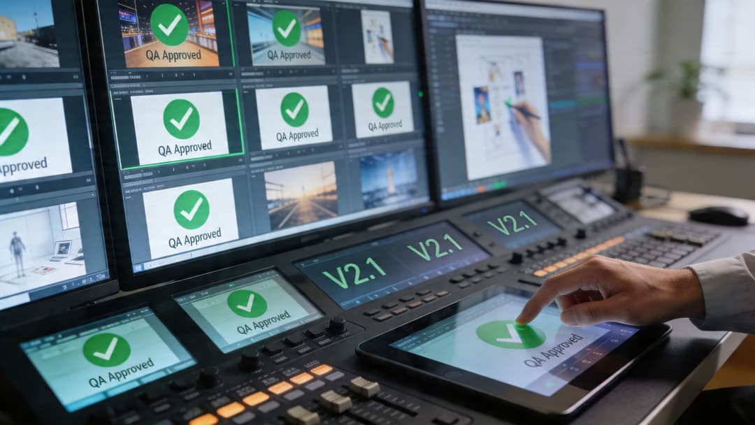 A professional video editor working on a production control panel with multiple screens displaying QA approved status.