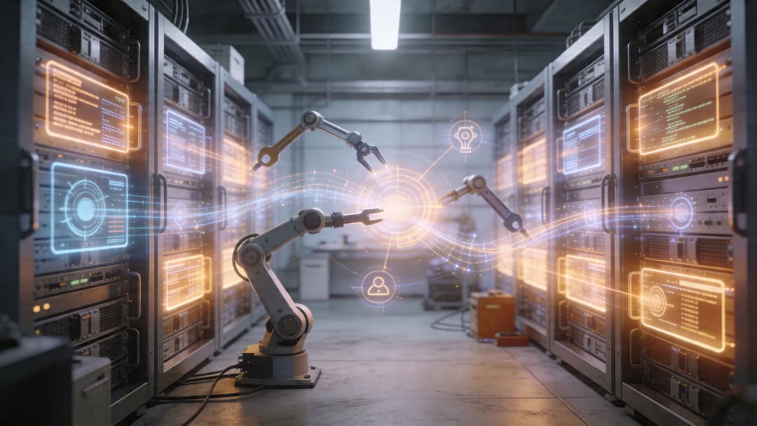 Robotic arms interacting with digital data streams and server racks in a futuristic high-tech data center.