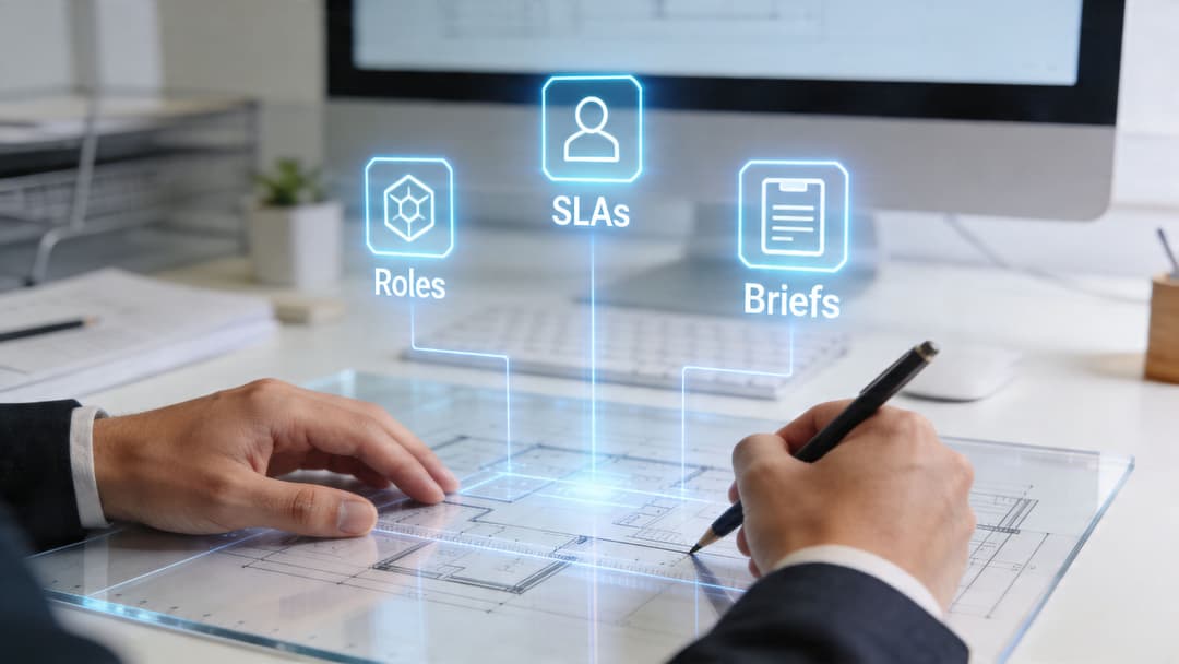 A professional architect working on building plans with holographic icons for Roles, SLAs, and Briefs.