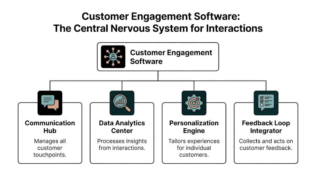A diagram illustrating customer engagement software as the central hub for communication, data, personalization, and feedback.