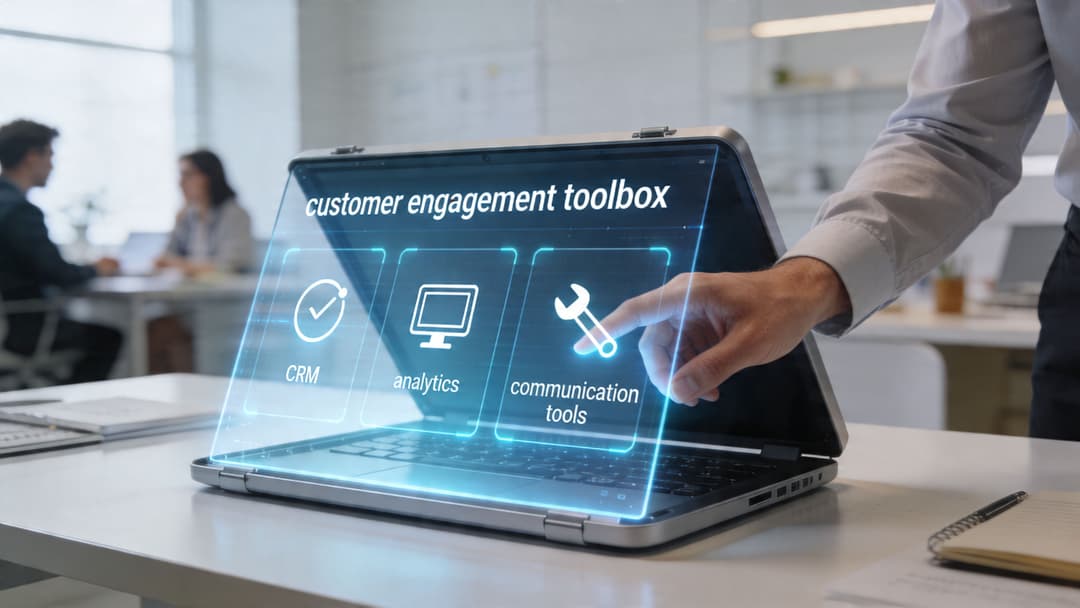 A professional using a futuristic holographic interface on a laptop to access customer engagement software tools.