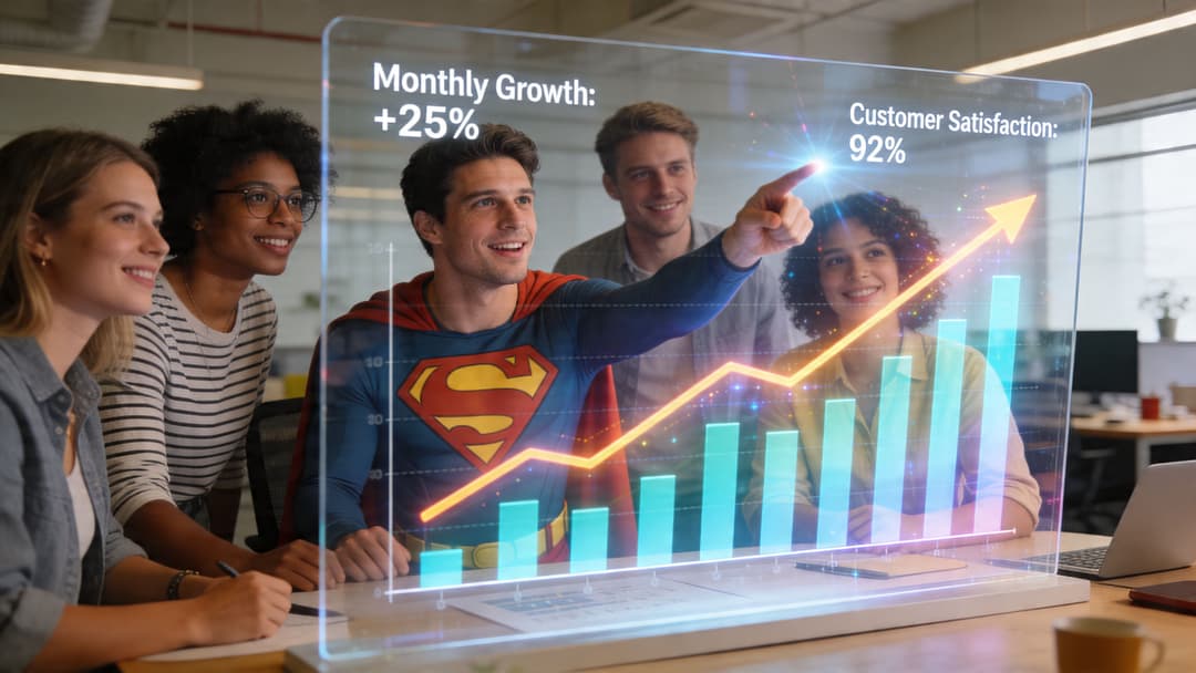 A diverse business team collaborating in an office while reviewing data on a futuristic transparent digital display.
