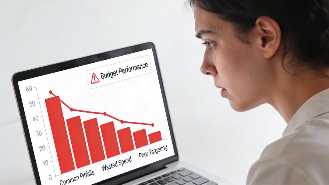 A professional woman looking concerned at a laptop screen displaying a red budget performance bar chart.