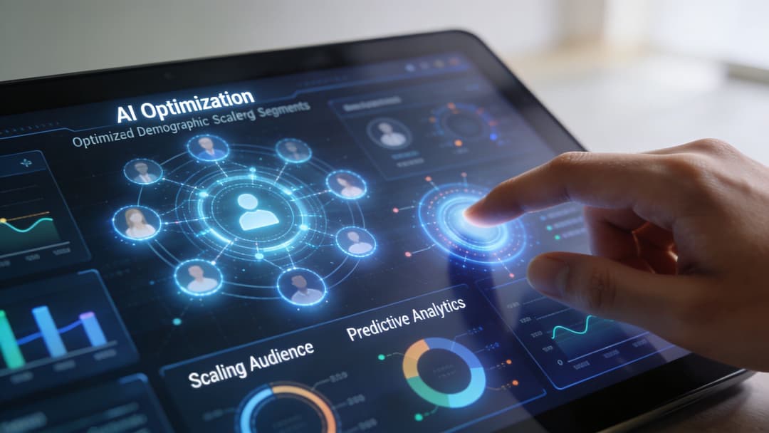 A close-up view of a person using a digital tablet to manage AI-driven demographic ad targeting analytics.