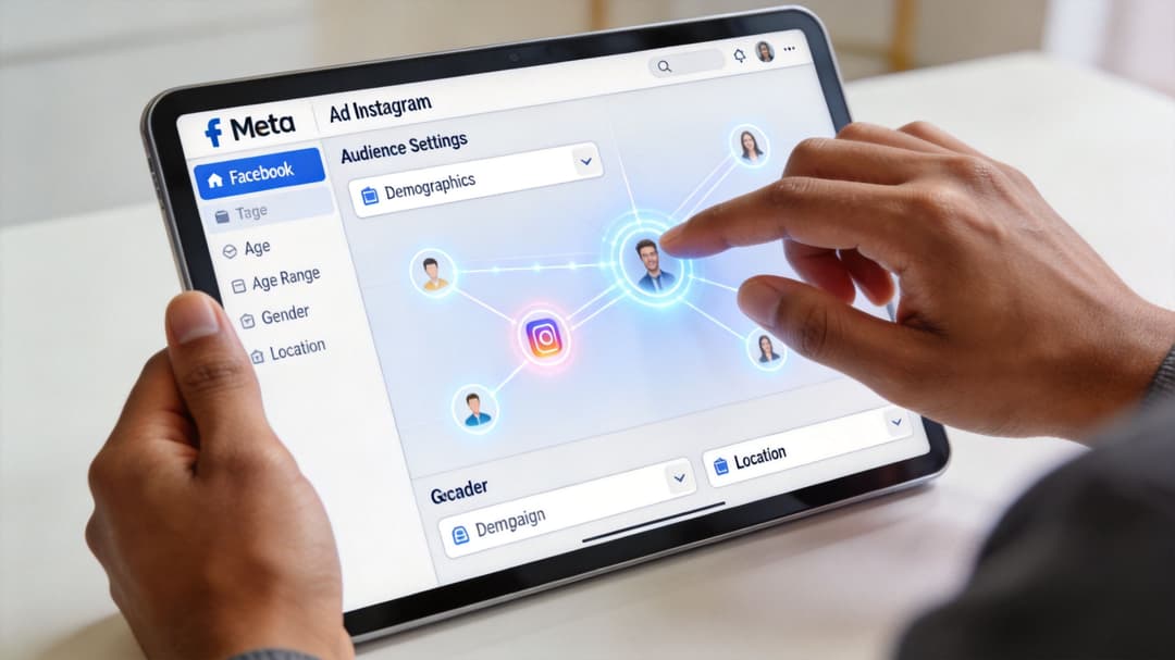 A person using a tablet to configure demographic ad targeting settings on a Meta interface.