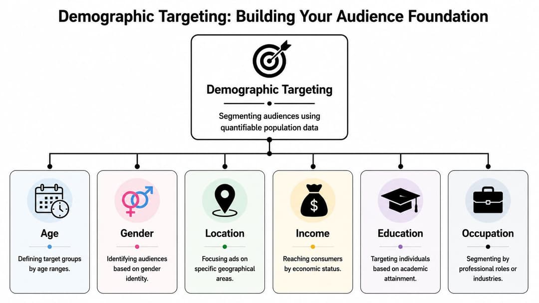 A diagram illustrating demographic targeting strategies, including age, gender, location, income, education, and professional occupation segments.
