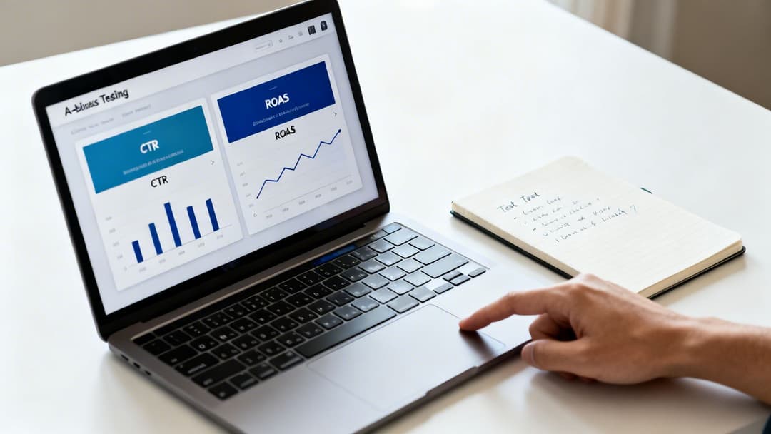 A person's hand on a laptop touchpad, displaying business analytics and charts on screen, with a notebook.