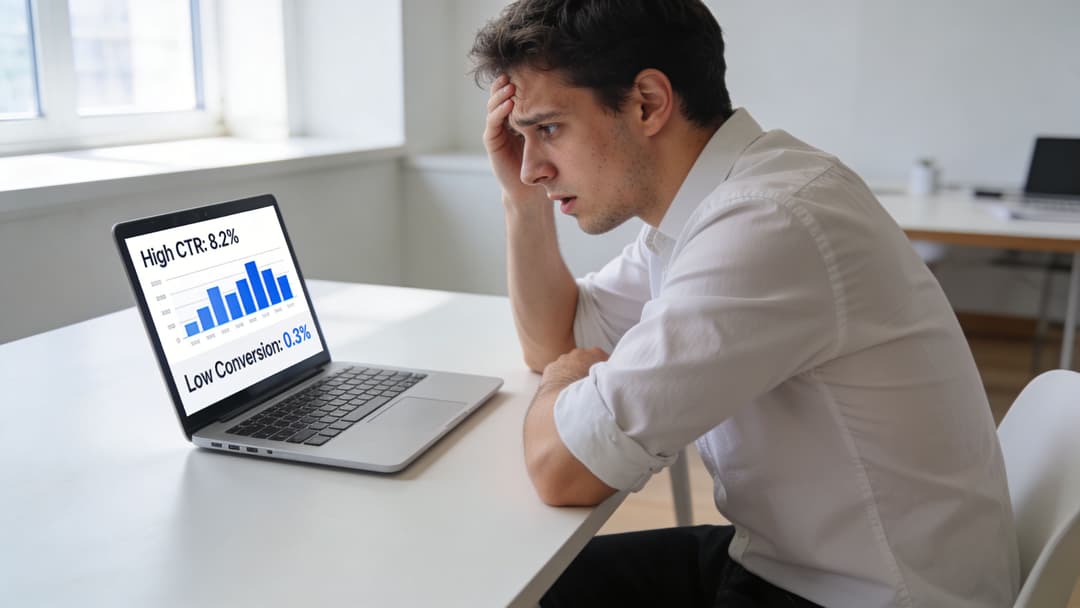A stressed man looking at a laptop screen showing data analytics with high CTR and low conversion.