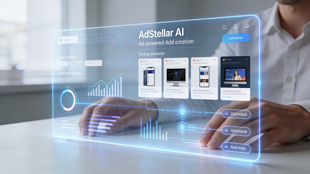 A professional using a futuristic transparent digital screen displaying AdStellar AI marketing and advertising analytics tools.