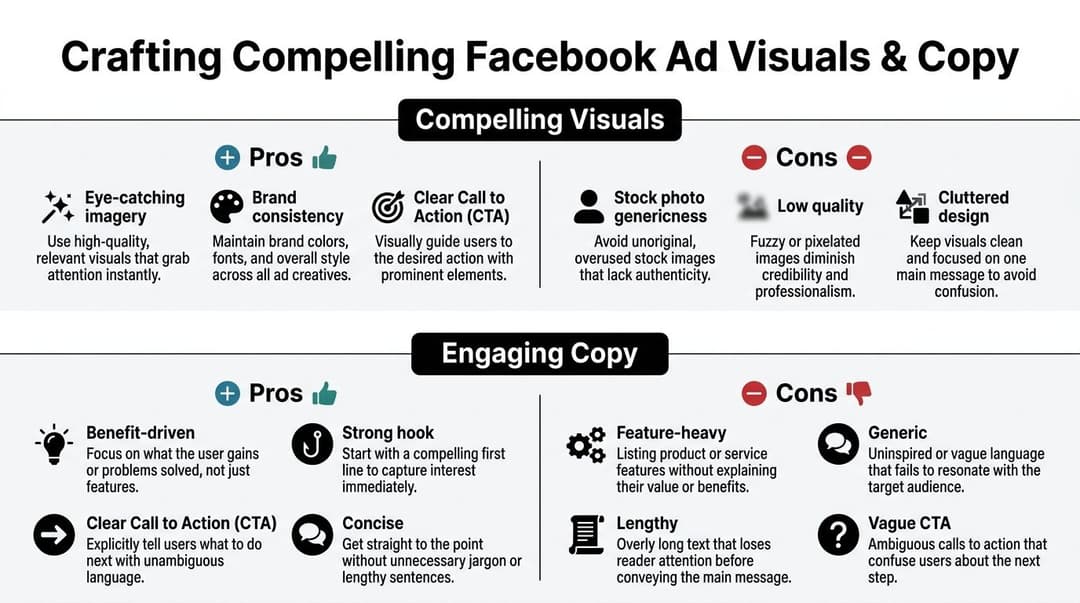 An infographic titled Crafting Compelling Facebook Ad Visuals and Copy comparing the pros and cons of ad design.