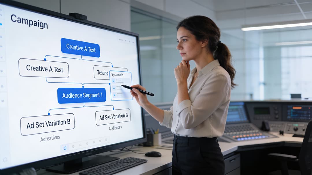 A professional woman in an office analyzing a digital marketing campaign flowchart on a large screen.