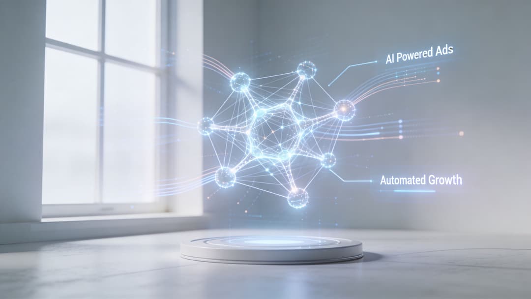 A 3D holographic digital network floating above a pedestal displaying AI powered ads and automated growth concepts.
