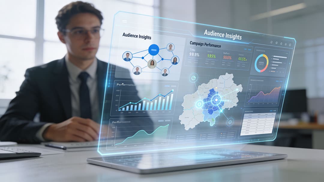 A professional man reviewing audience insights data on a transparent holographic digital display screen in an office.