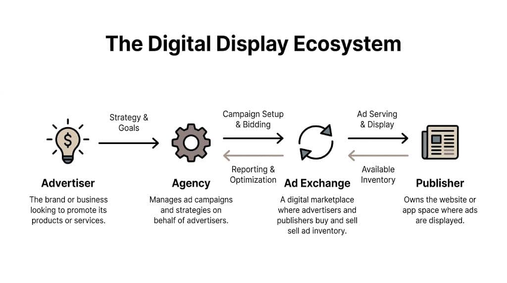 A diagram illustrating the digital display ecosystem, connecting advertisers, agencies, ad exchanges, and publishers.