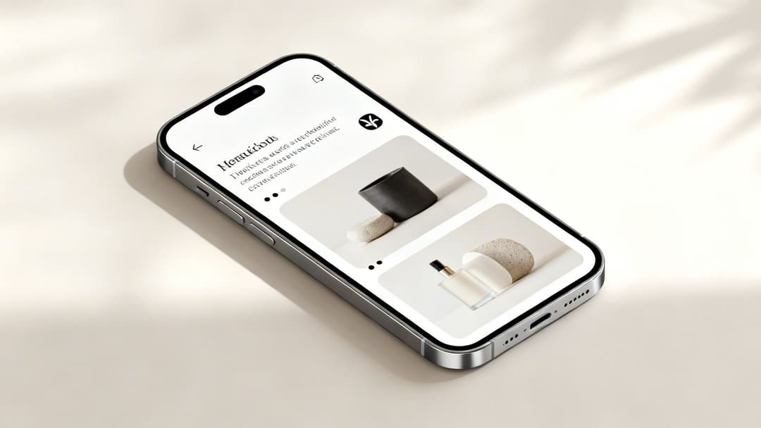 A silver iPhone displays a minimalist product gallery app with elegant cosmetics and home decor items.