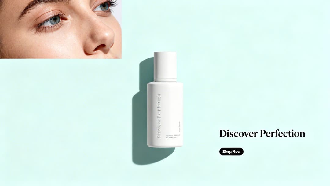 A woman's face with clear skin, next to a white skincare product bottle. Text reads 'Discover Perfection' and 'Shop Now'.