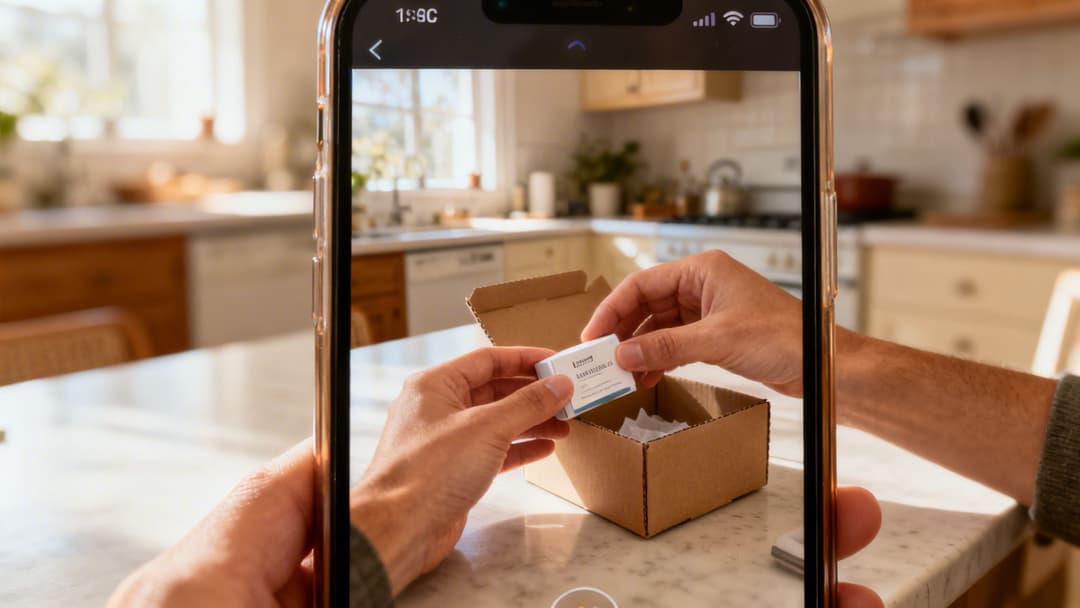A person unboxing a small white product from a brown cardboard box, viewed through a smartphone screen.