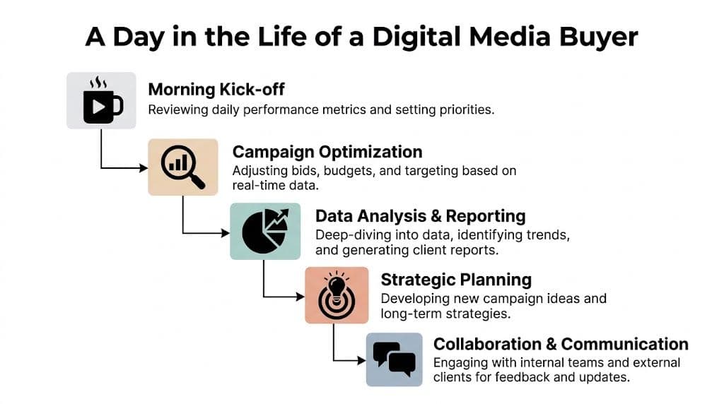 A flowchart infographic outlining the daily tasks and professional responsibilities of a digital media buyer.