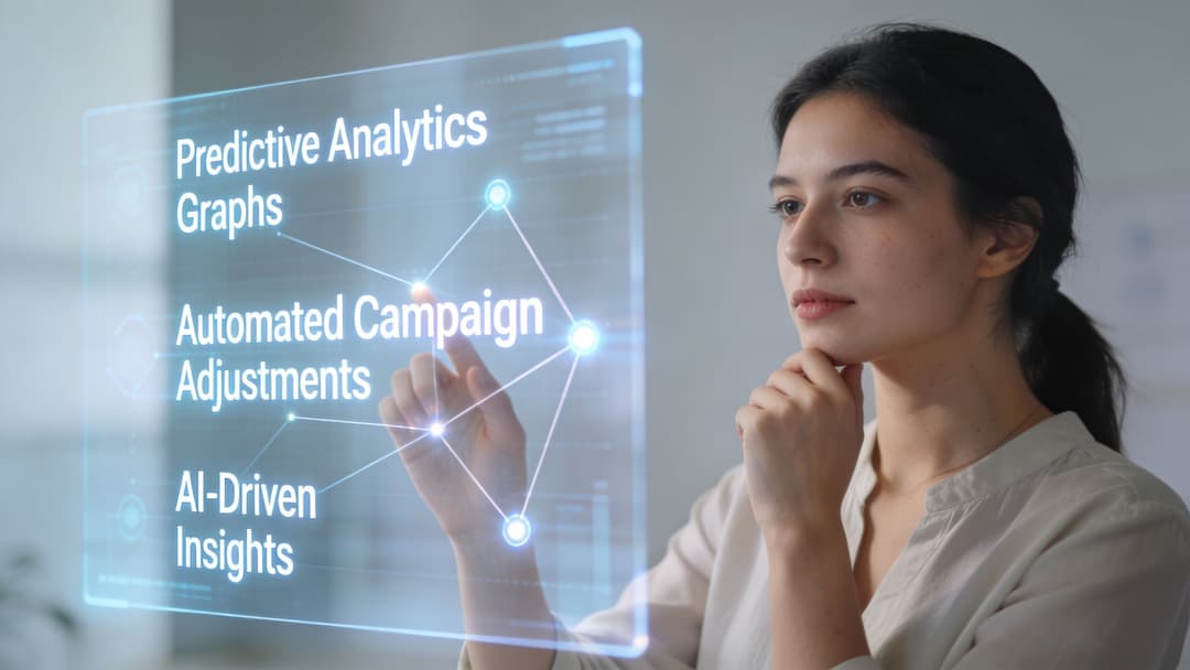A professional digital media buyer interacting with an advanced holographic interface displaying data and analytics dashboard.