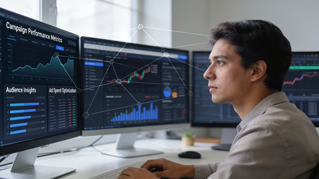 A digital media buyer analyzing complex data dashboards on multiple computer monitors in a modern office.