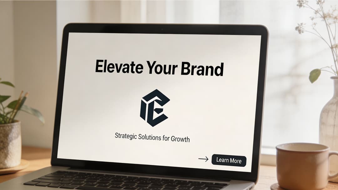 A laptop screen displaying a professional branding website featuring the text Elevate Your Brand and logo.