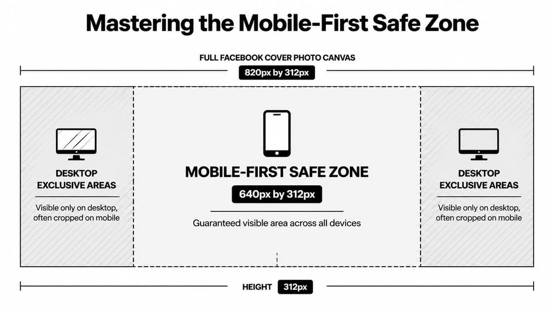 Diagram showing the mobile-first safe zone and desktop dimensions for a Facebook cover photo.