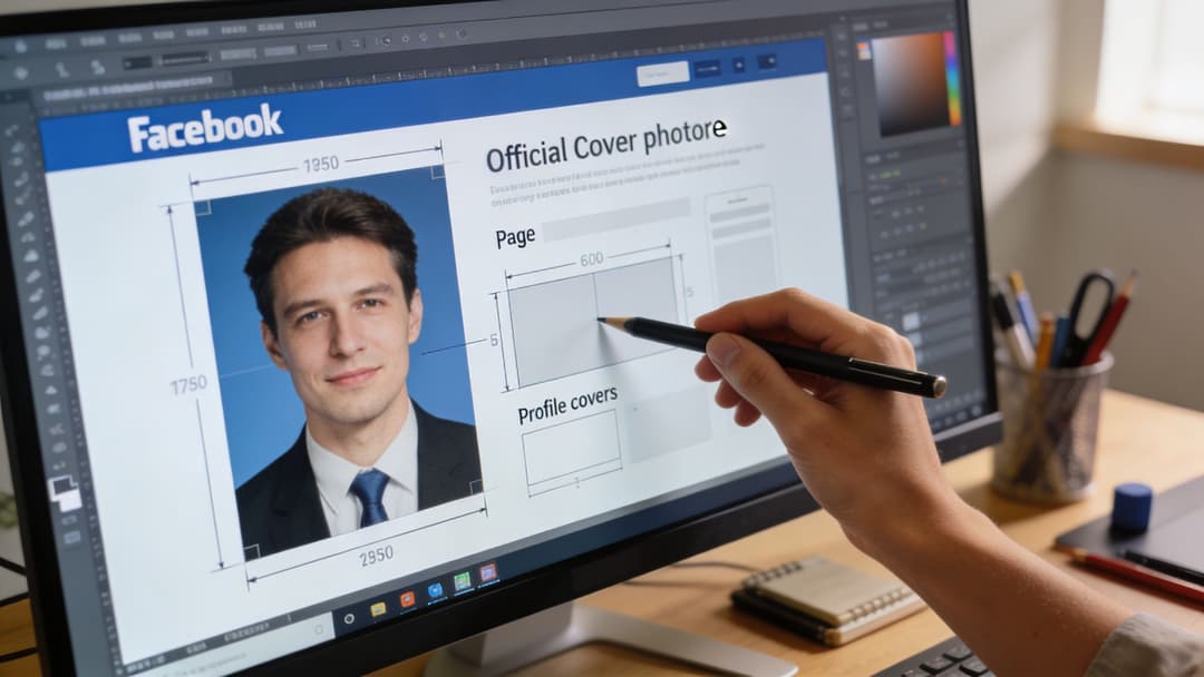 A person using a stylus on a monitor to design Facebook cover photo dimensions for professional profiles.