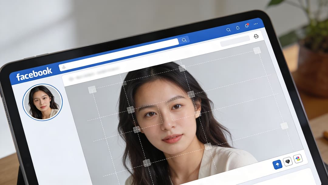 A tablet screen displaying a Facebook profile page with a photo editor interface for cover image dimensions.