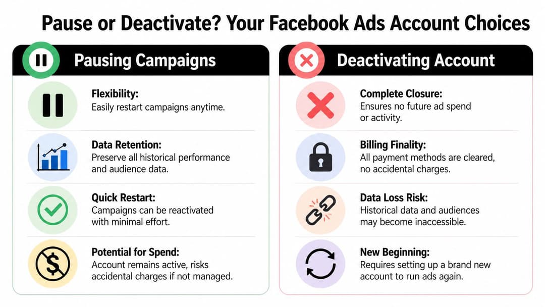 A comparison chart showing the differences between pausing campaigns and deactivating a Facebook ads account.