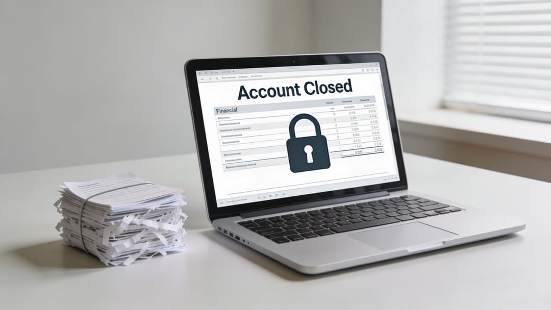 A silver laptop sits on a white desk displaying an account closed message with a padlock icon.