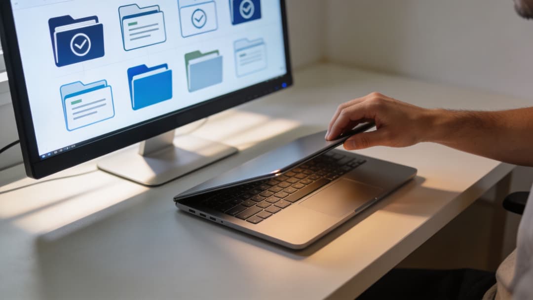 A person closing a silver laptop on a white desk in front of a computer monitor.