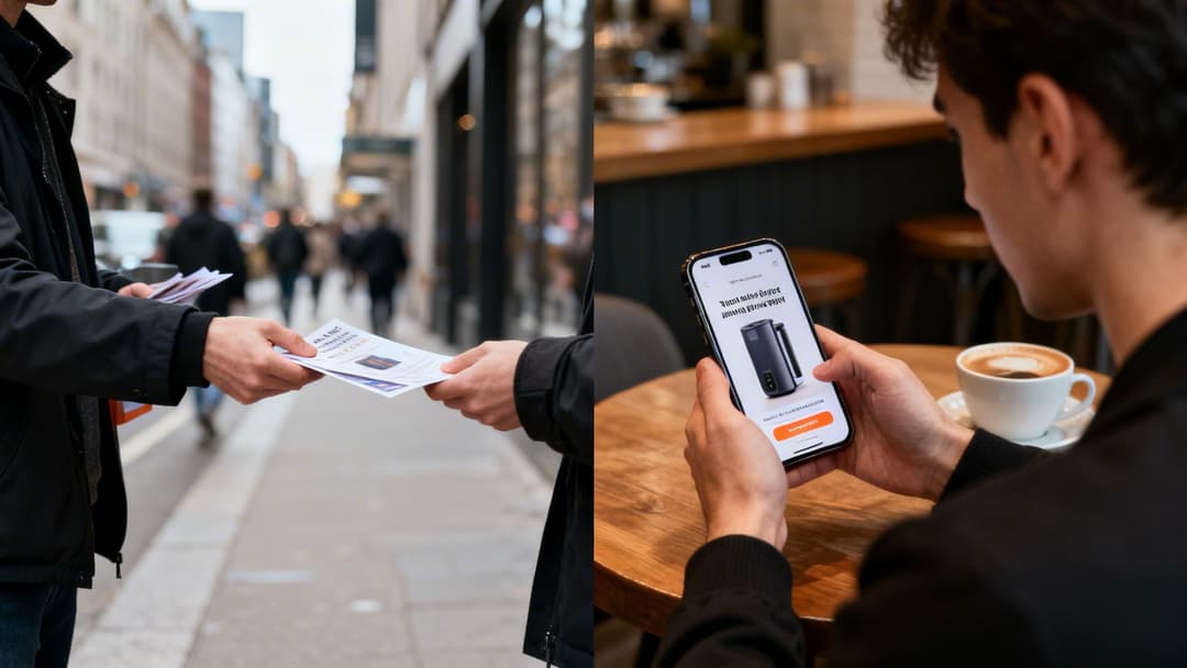 A split image showing a person handing out flyers on a street and another person browsing a product on a smartphone in a cafe.