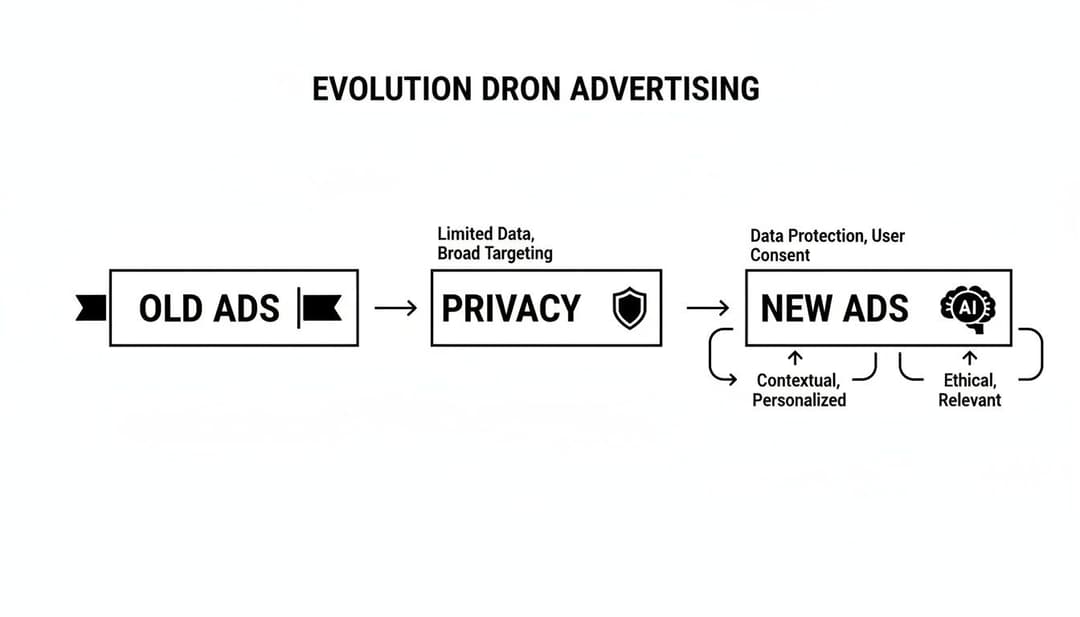 A diagram illustrating the evolution of advertising from old ads to privacy-focused, AI-driven new ads.