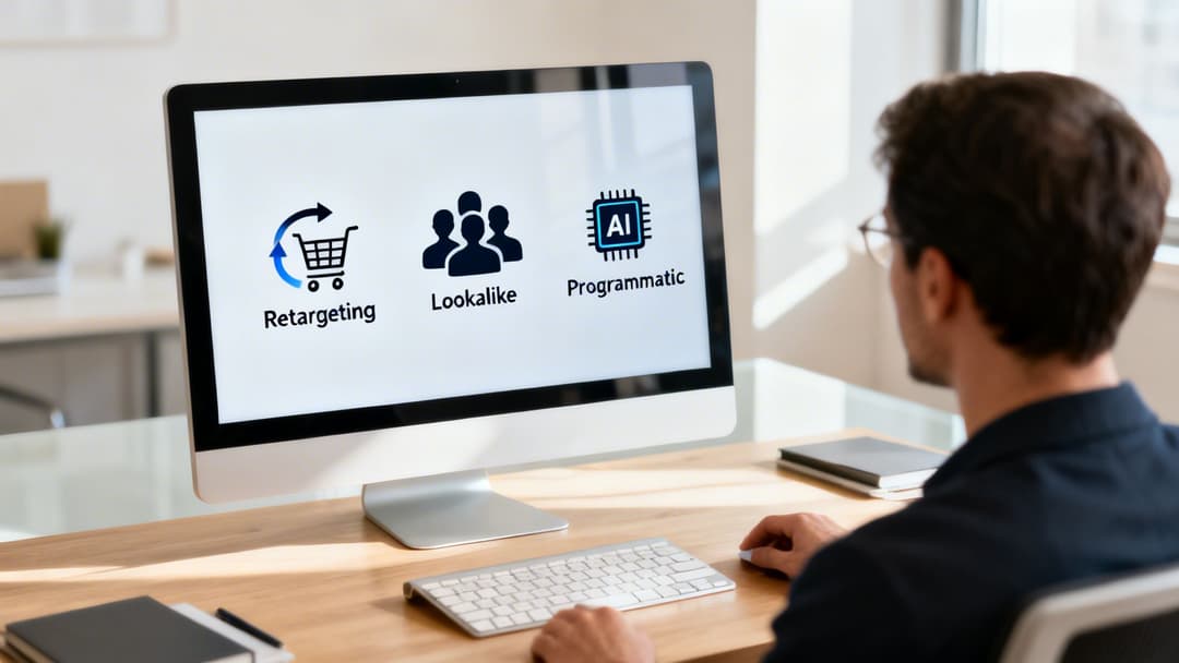 A man views a computer screen displaying icons for retargeting, lookalike audiences, and programmatic advertising.