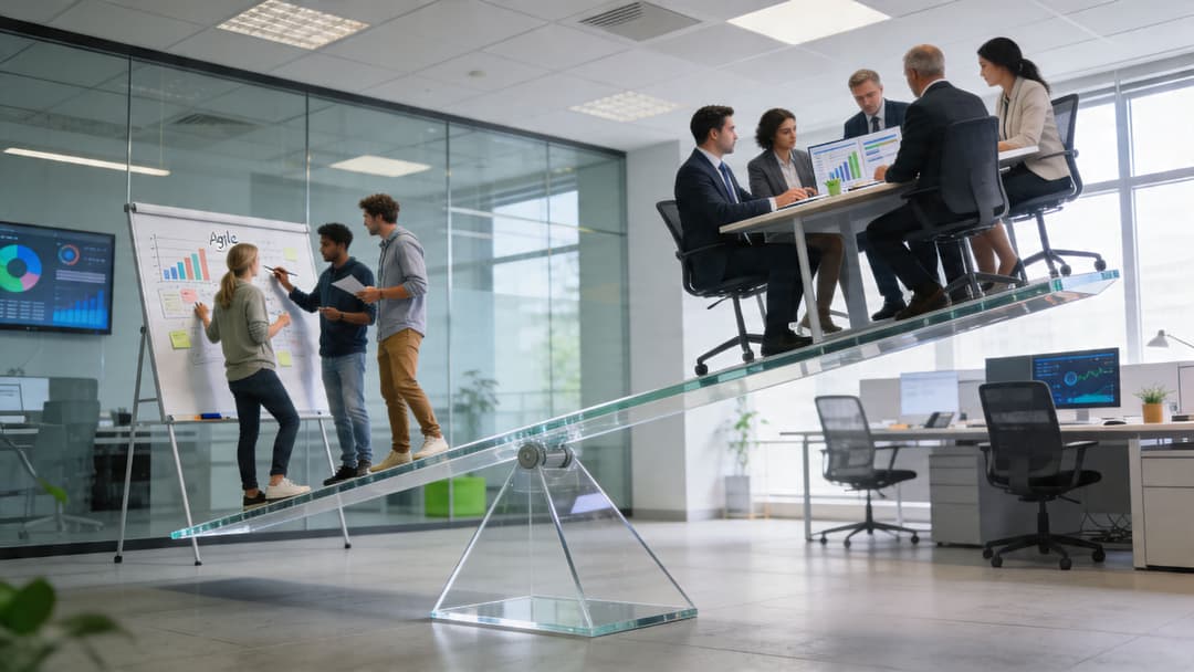 A professional team of colleagues balancing on a large see-saw in a modern corporate office setting.