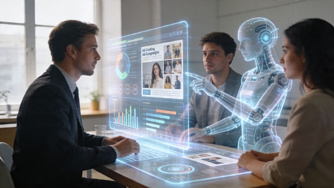 Professionals collaborating with an AI robot on digital marketing data using a holographic display interface.