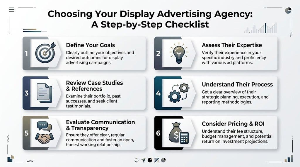 A step-by-step checklist infographic for selecting a professional display advertising agency for business campaigns.