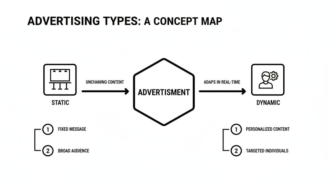 Concept map illustrating static and dynamic advertising types, showing content characteristics and audience targeting.