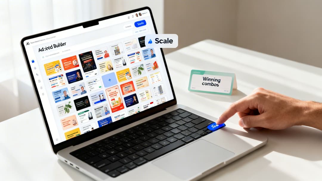 A hand presses a glowing 'Scale' key on a laptop displaying an ad builder interface with many dynamic ads.