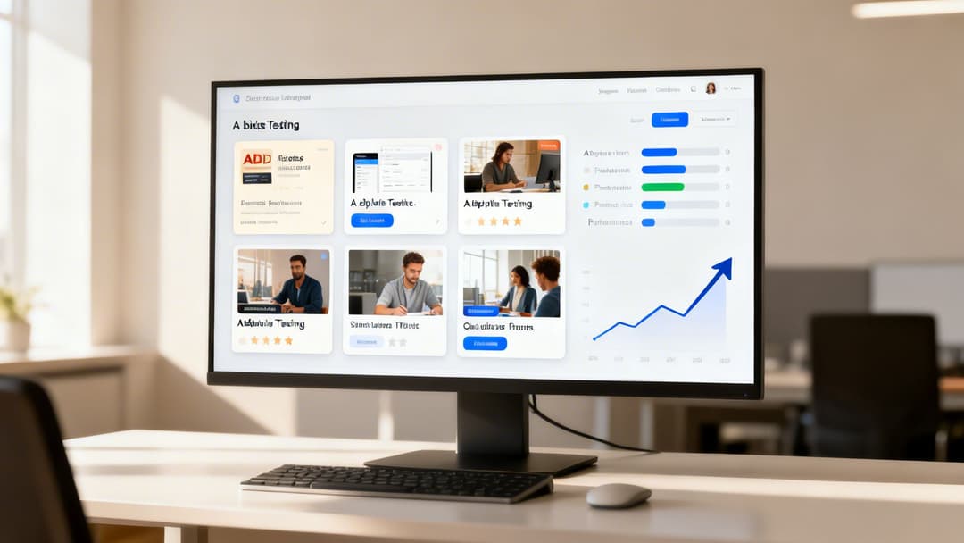 Modern office desk with a computer monitor showing a dynamic business dashboard and analytics.